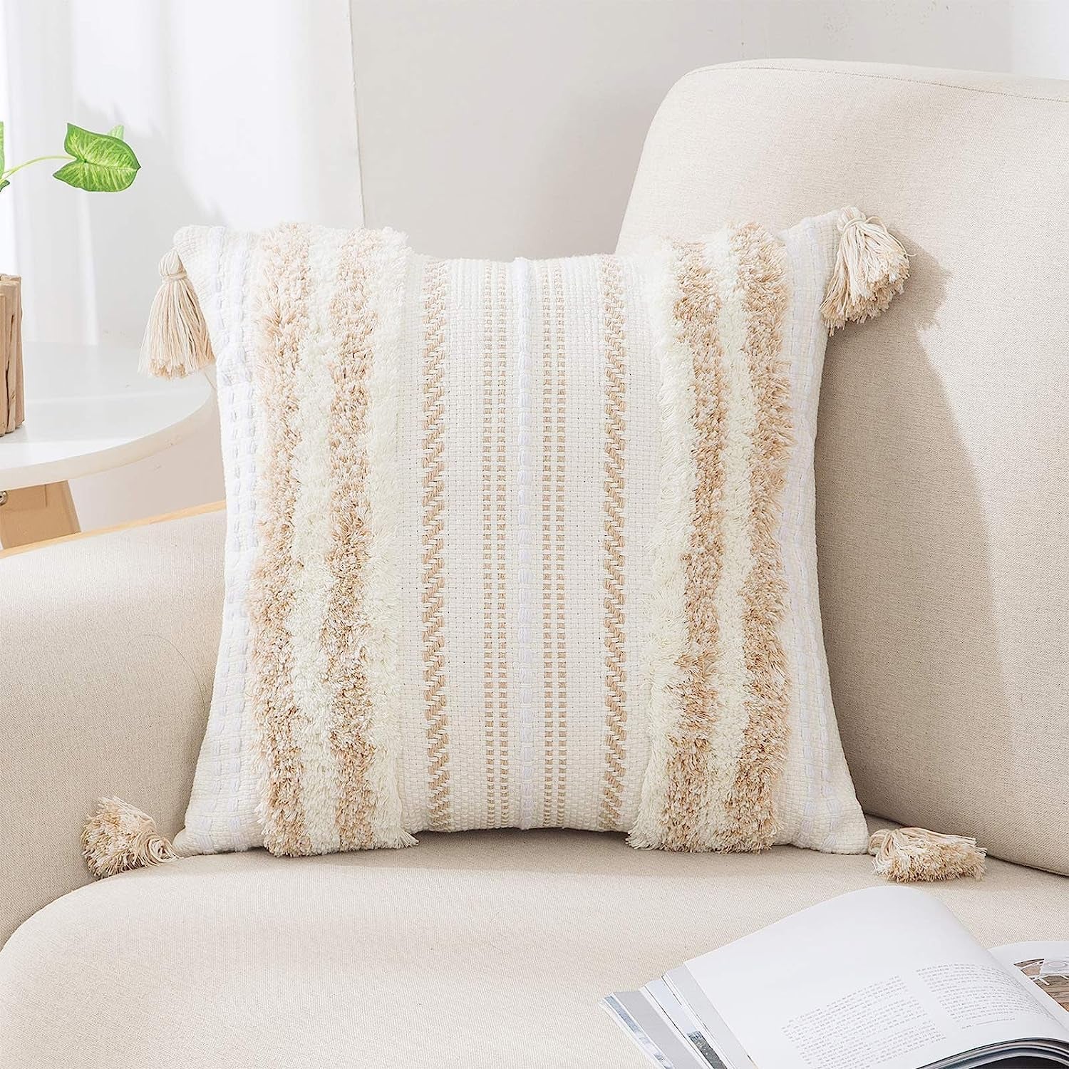 Decoruhome Decorative Boho Throw Pillow Cover 18X18, Accent Neutral Textured Tufted Pillow Cover Striped for Couch Bed Sofa, Khaki and Cream White, Pack of 1