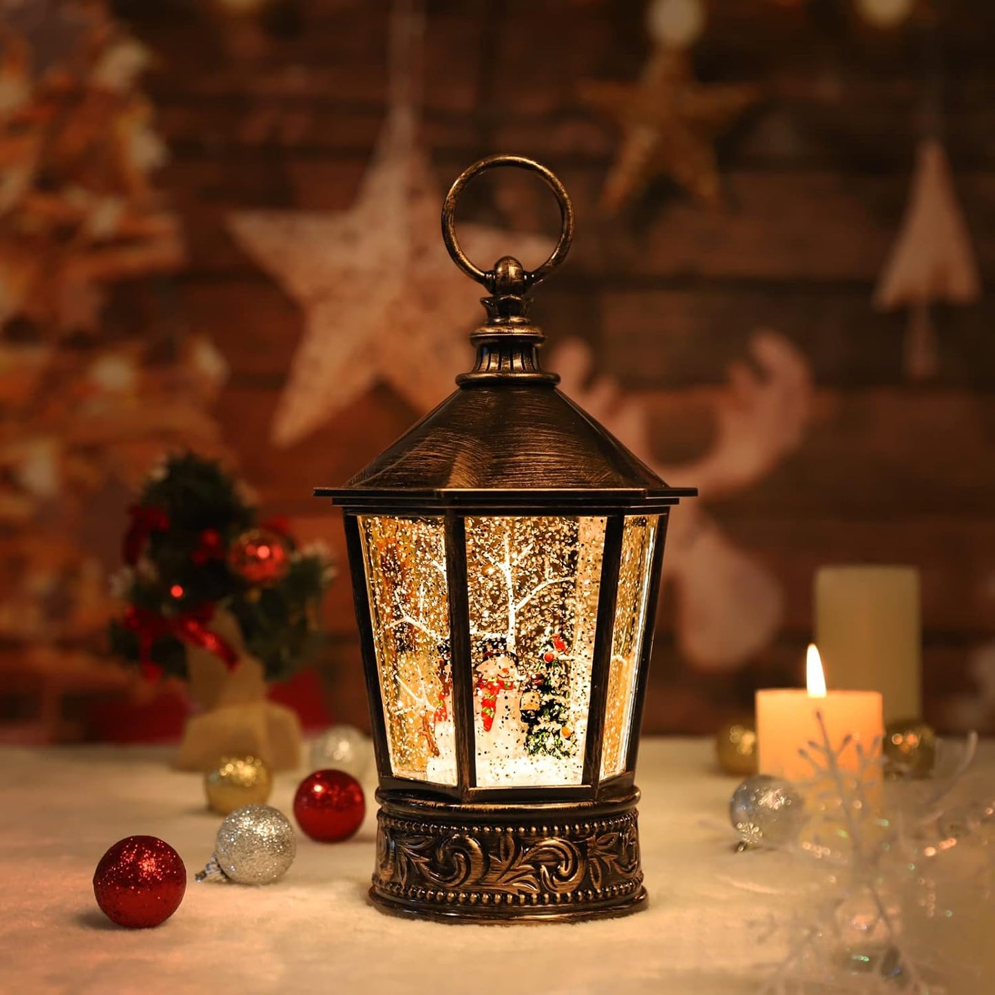 Christmas Snow Globe Lantern-Water Lantern with Music and Christmas Snowman-Usb or Battery-Powered Christmas Lanterns, Rotating Flashing Lanterns, Christma Decorations（Snowman）