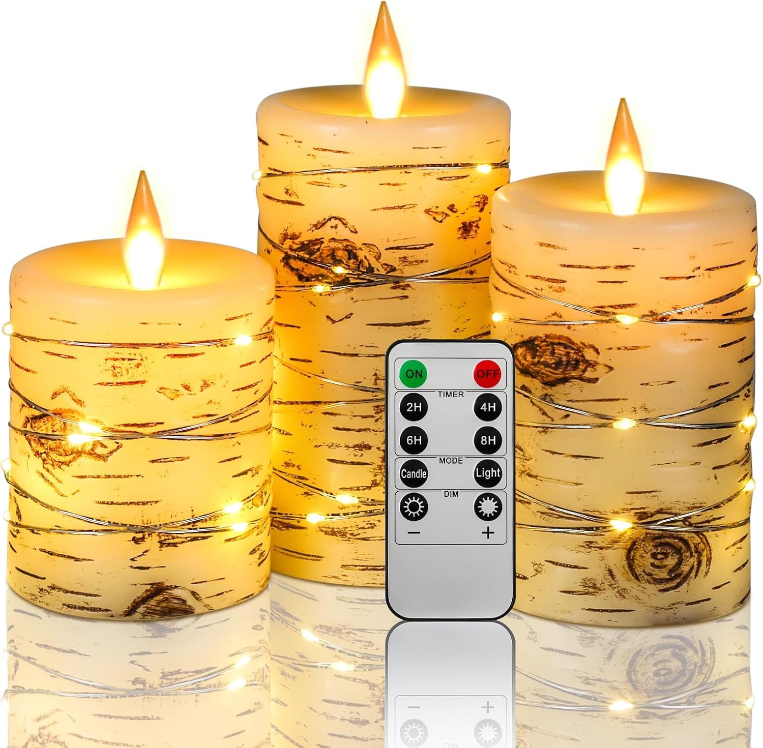 Da by Flameless Candles with String Lights，Battery Operated Candles,Led Flickering Candles with Remote Control and Timer, Real Wax, 3 Pack-Ivory