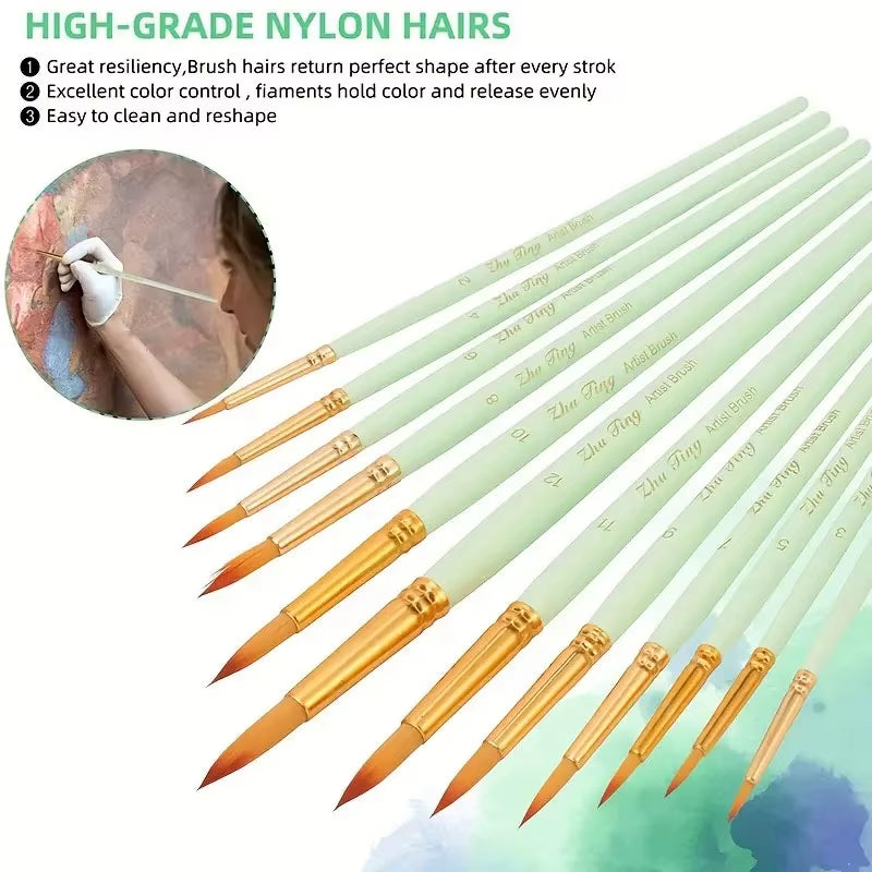 12Pcs Artist Brushesprofessional Round-Pointed Tip Paint Brushes for Acrylic Watercolor Oil Painting, Face Body Nail Art, Crafts