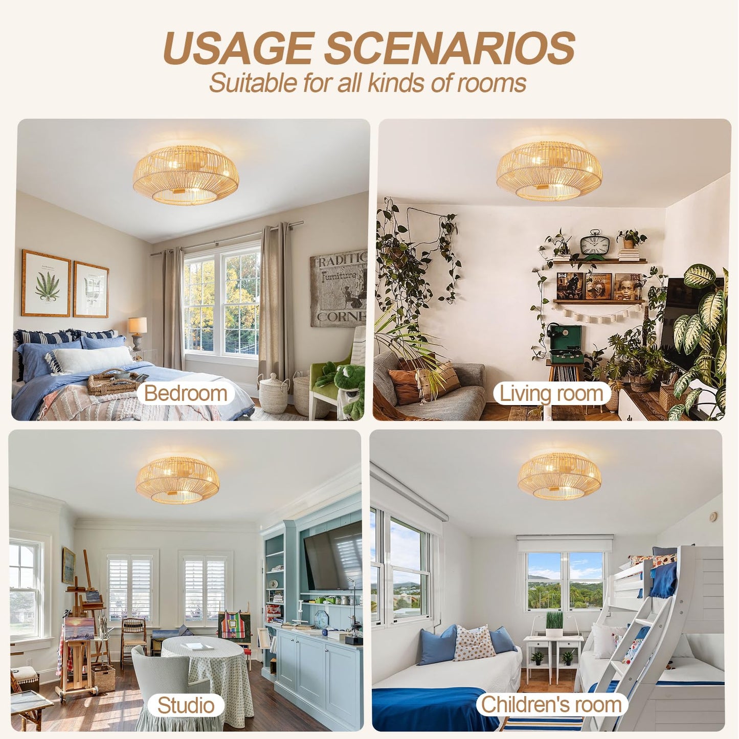 Boho Rattan Ceiling Fan with Light