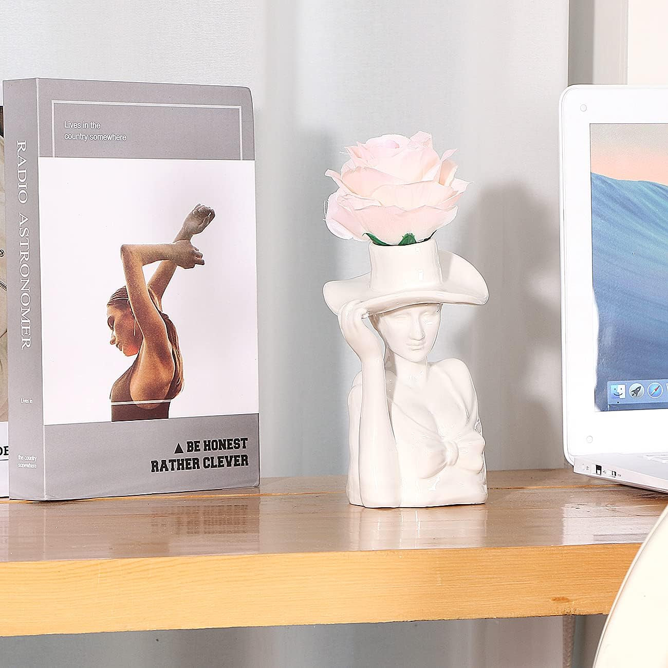 Art Female Form Body Ceramic Vase for Flowers, Creative Elegant Upper Body Woman Face Head Hand Arrangement Sculpture Vase with Cowgirl Top Hat Design for Home Decor, 6 Inch, Glossy White