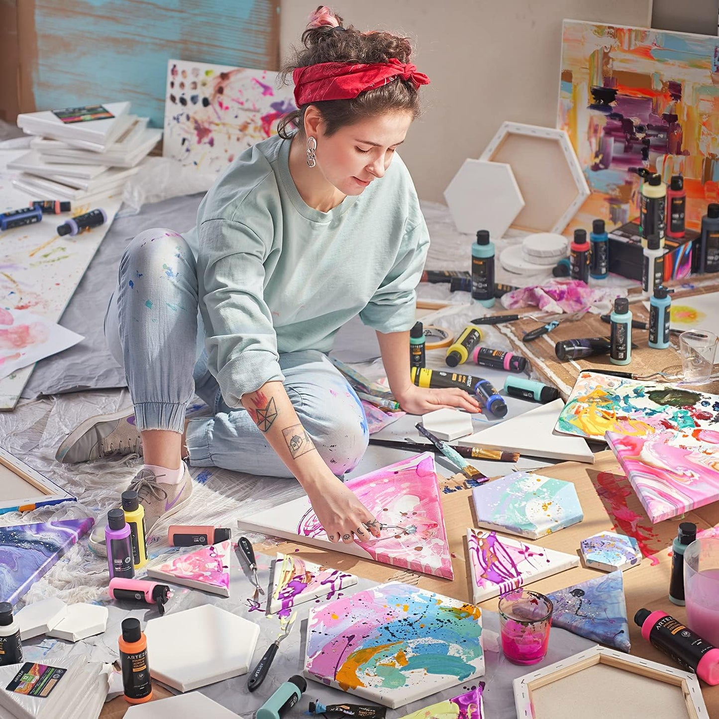 ARTEZA Triangle Stretched Canvas 14 Inch Side Pack of 8 – Blank White Cotton Canvases for Acrylic, Oil, Gouache Painting – Pre-Primed on Wood Frame