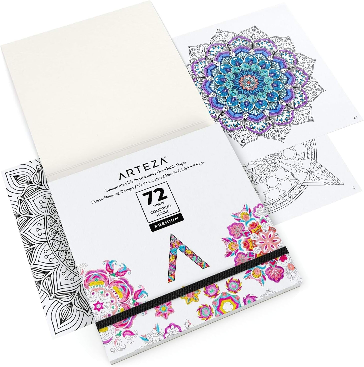 ARTEZA Adult Coloring Books, Floral & Mandala Designs, Pack of 2, 72 Sheets Each, 6.4X6.4 Inches Coloring Pages, 100 Lb Paper