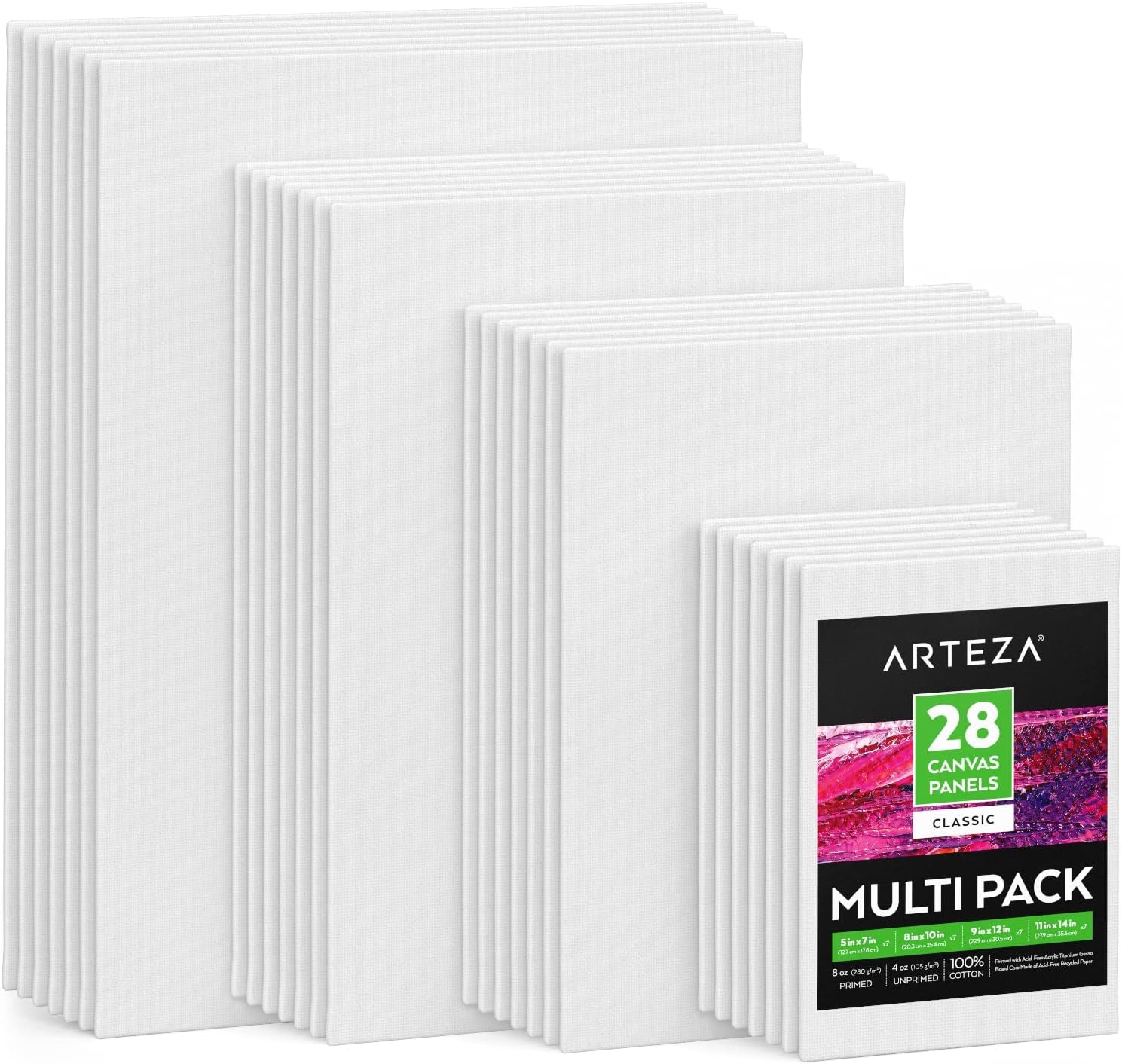 ARTEZA Premium Canvas Boards for Painting, 5 X 7, 8 X 10, 9 X 12, 11 X 14 Inches, Multipack of 28, White Canvas for Acrylic, Oil and Gouache Painting