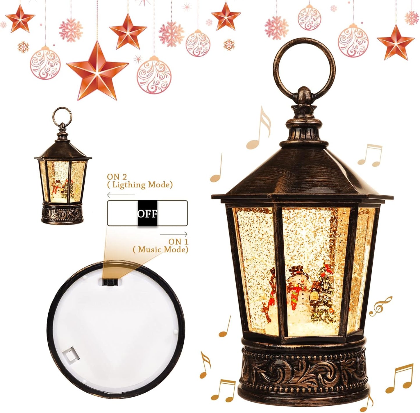 Christmas Snow Globe Lantern-Water Lantern with Music and Christmas Snowman-Usb or Battery-Powered Christmas Lanterns, Rotating Flashing Lanterns, Christma Decorations（Snowman）