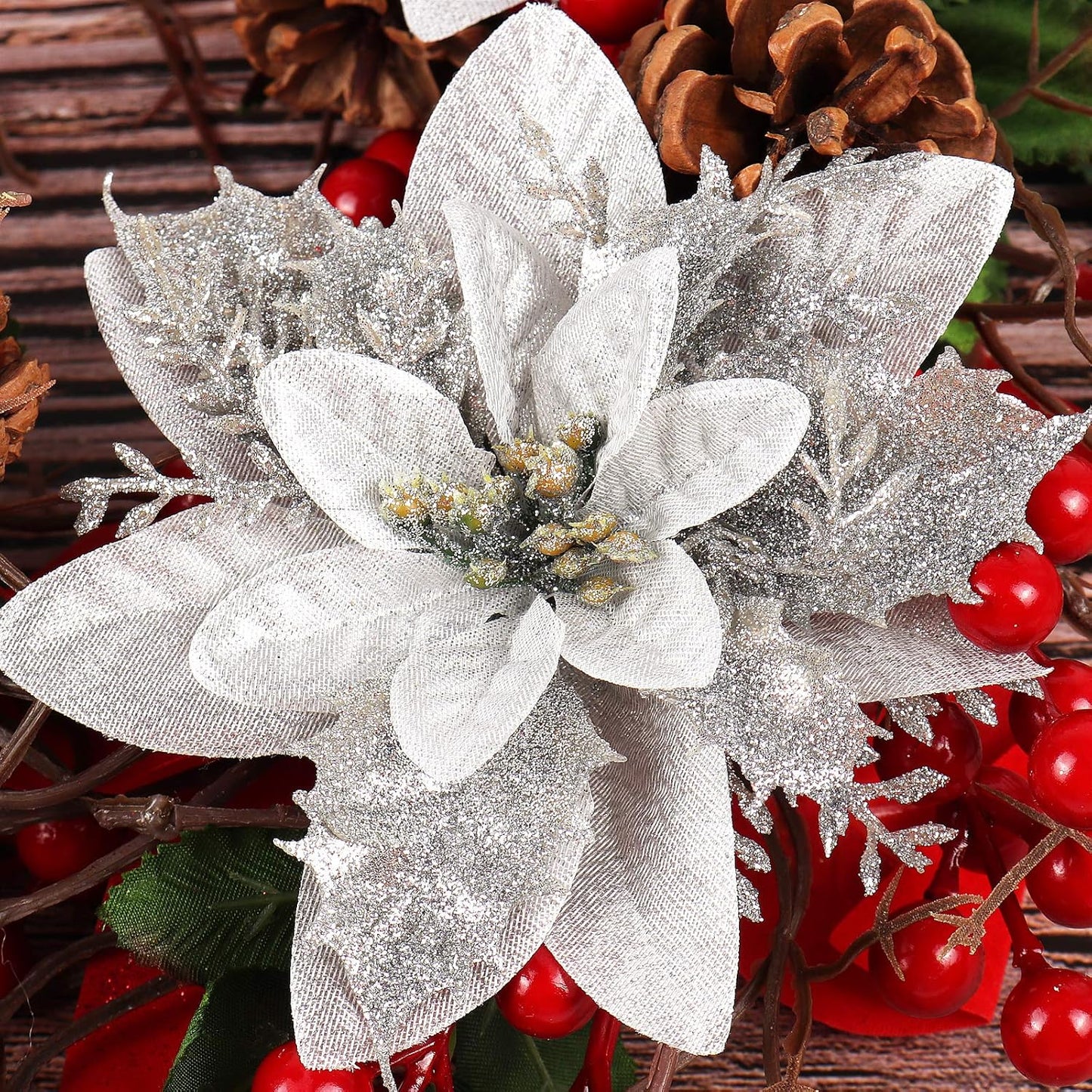 RECUTMS 10 Pcs Christmas Glitter Artificial Poinsettia Flowers 6 Inch Christmas Wreath Christmas Tree Flowers Ornaments Holiday Seasonal Decorations for Xmas New Year Wedding Party(Red)