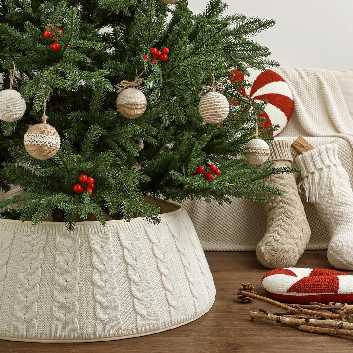 Cream White Knitted Christmas Tree Collar - Rustic Boho Base Cover Decor