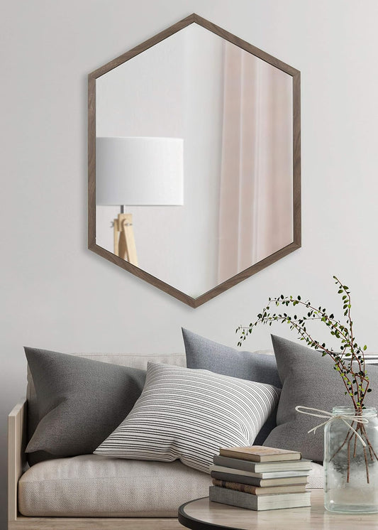Kate and Laurel Laverty Modern Oblong Hexagon Mirror, 24 X 36, Walnut Brown, Geometric Wall Decor