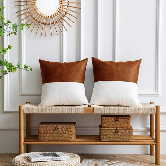 DEZENE Leather Throw Pillow Covers, Set of 2 Modern Leather/Cotton Decorative Pillowcases for Home Decor Bedroom Living Room Couch Bed Sofa, 18X18 Inch, Cognac-Brown and White