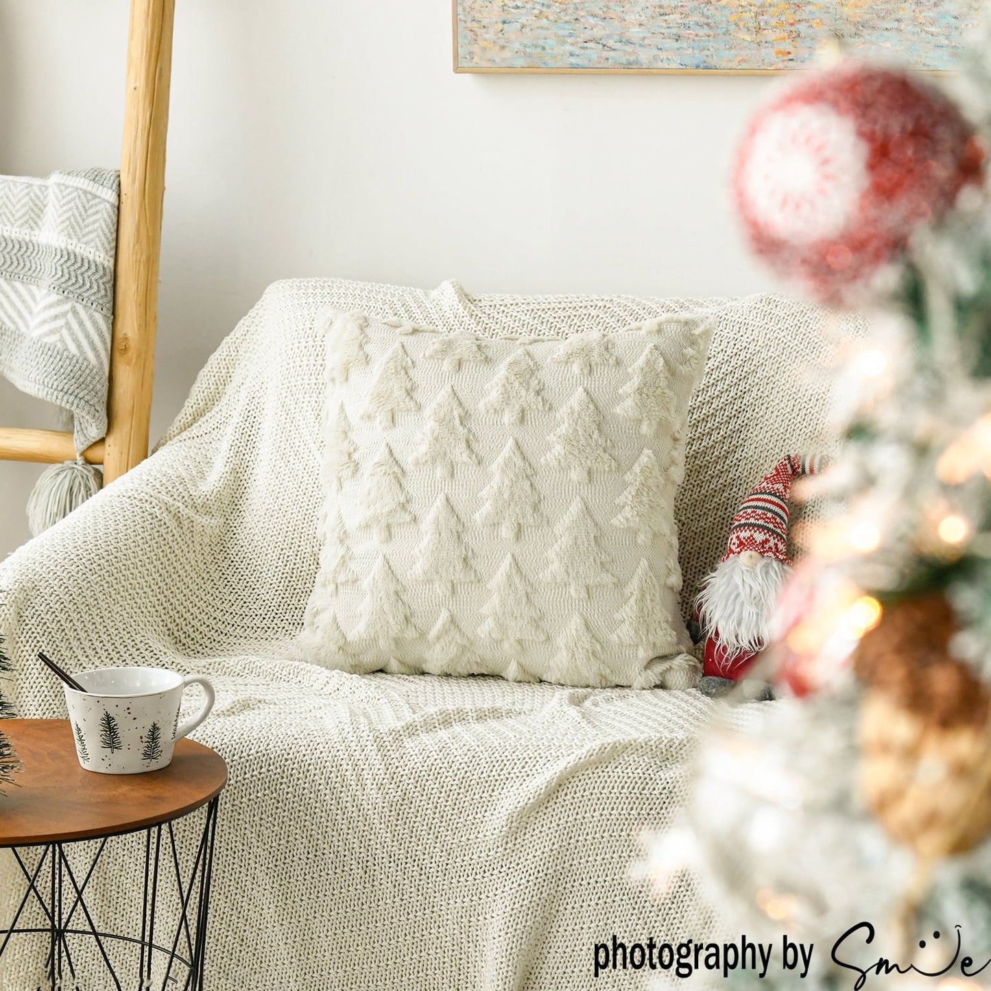 Beige Christmas Tree Soft Plush Faux Fur Pillow Covers 18X18 Inch Set of 2 Outdoor Sofa Holiday Festivals Winter Home Decor