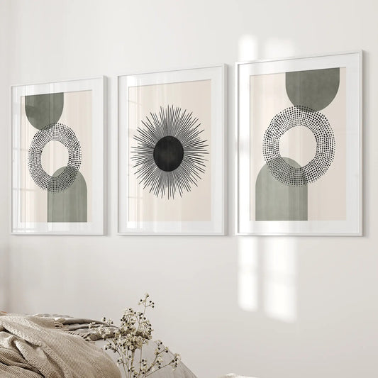 Set of 3 Boho Prints. Sage Green Modern Mid Century Wall Art.