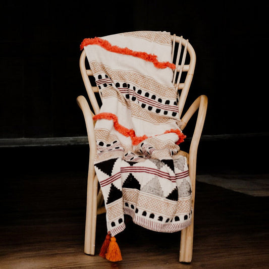 Multicolored Cotton Boho Throw Blanket with Tassels and Fringes