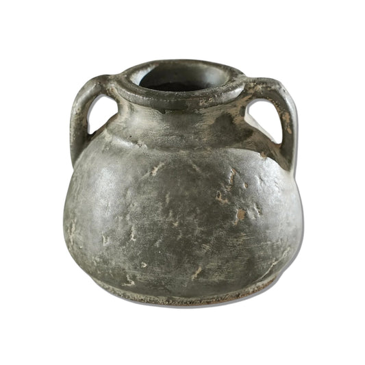 Antiqued Distressed Small Olive Cement Vase with Handles