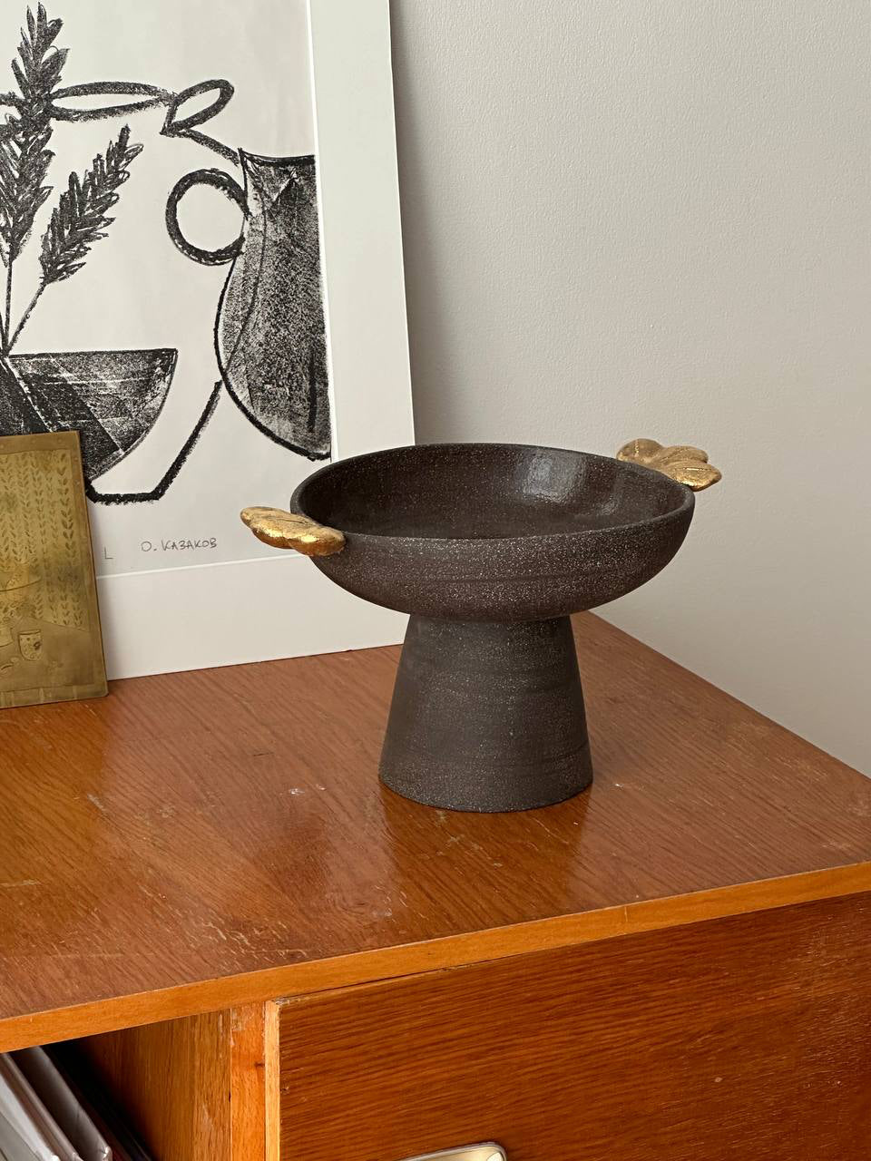 Stoneware Fruit Bowl "Pumpernickel" with Gold Leaves