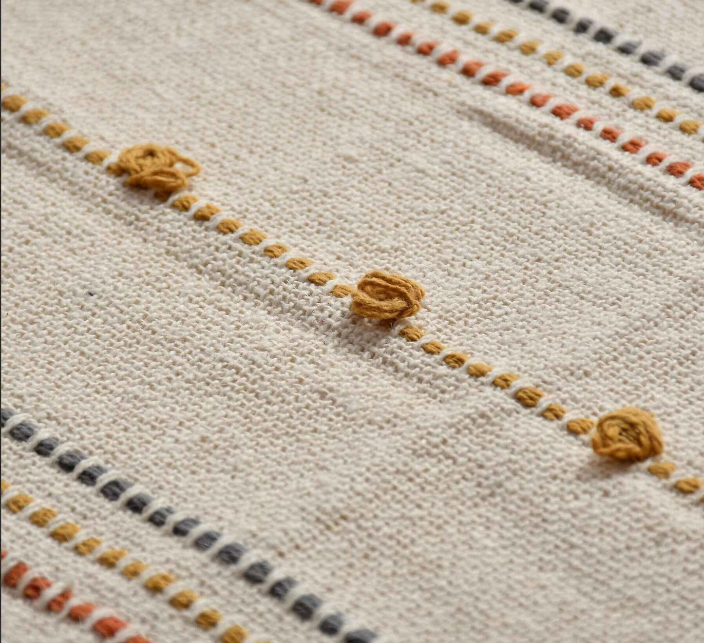 Hand Woven Cream Throw Blanket Striped with Tufts and Tassels