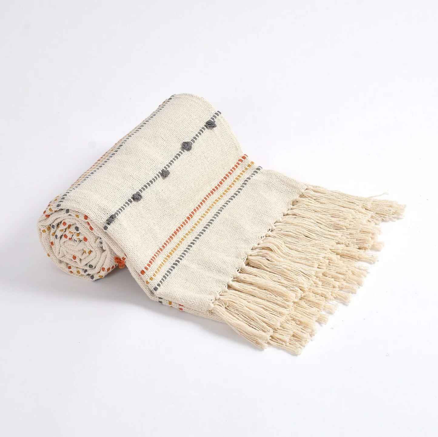 Hand Woven Cream Throw Blanket Striped with Tufts and Tassels