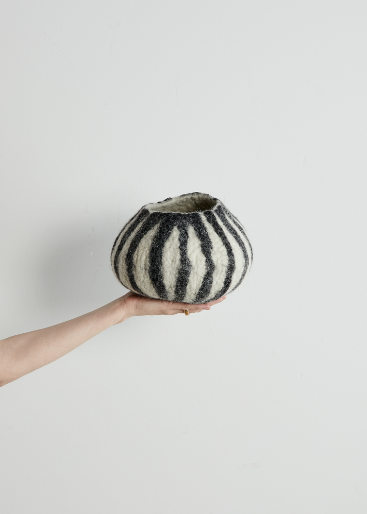 Grey Karakul Striped Decorative Wool Bowl