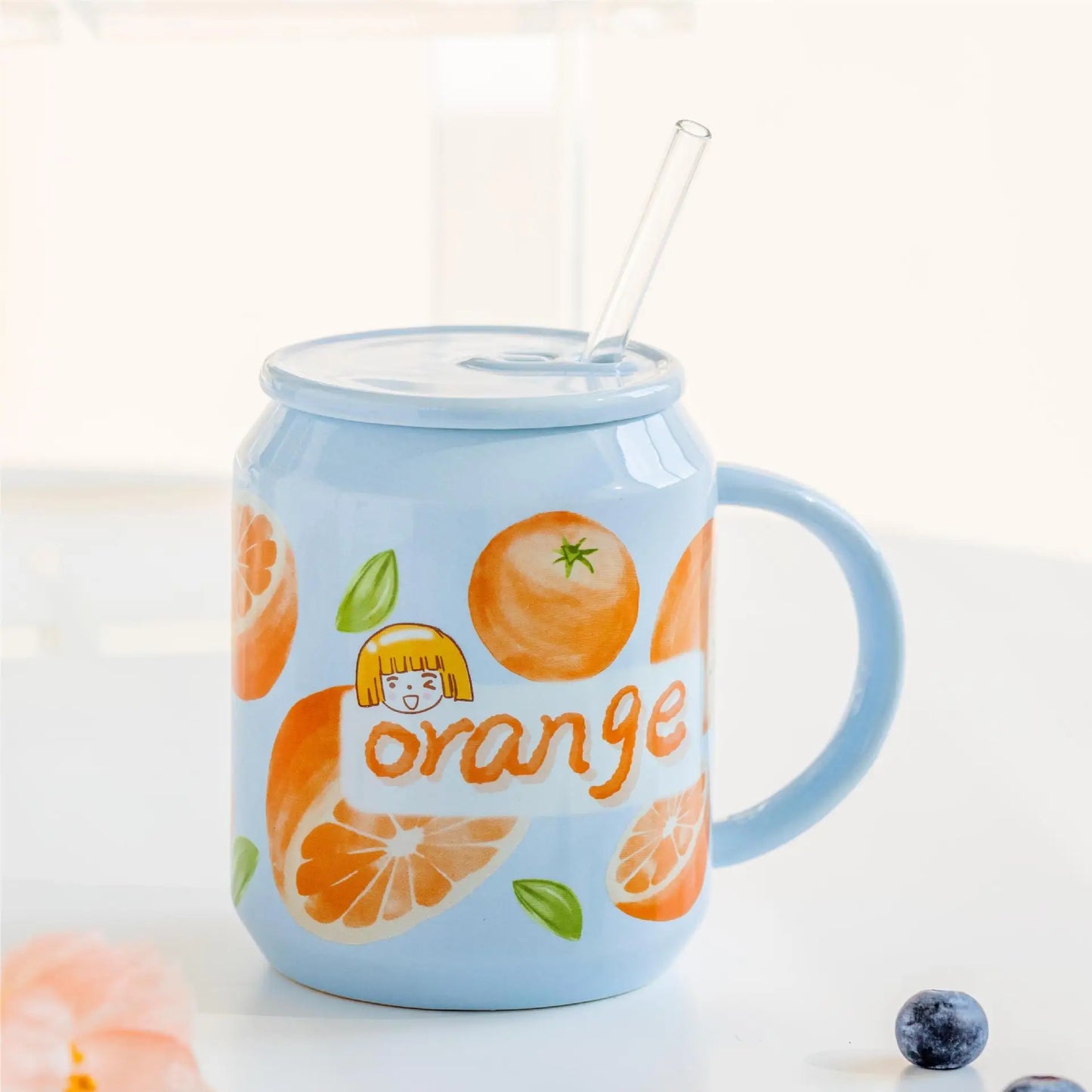 Fruit Ceramic Mug with Lid and Straw
