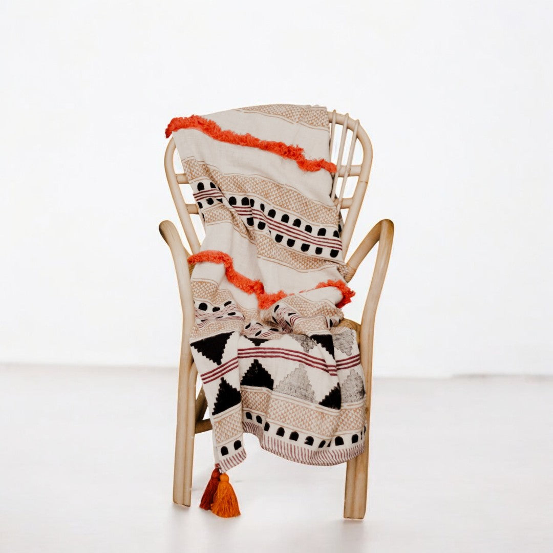 Multicolored Cotton Boho Throw Blanket with Tassels and Fringes