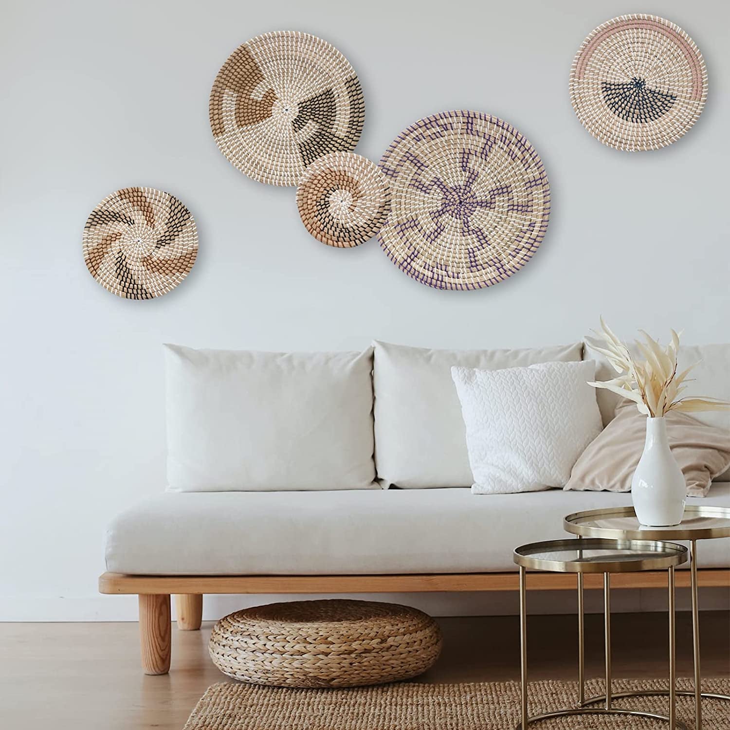 HNHMT Wall Basket Decor, Set of 5 Woven Basket Wall Decor, Handmade Hanging Wall Basket for Living Room or Bedroom, Unique Boho Wall Art.