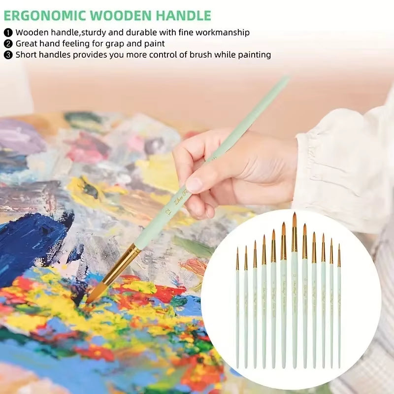 12Pcs Artist Brushesprofessional Round-Pointed Tip Paint Brushes for Acrylic Watercolor Oil Painting, Face Body Nail Art, Crafts