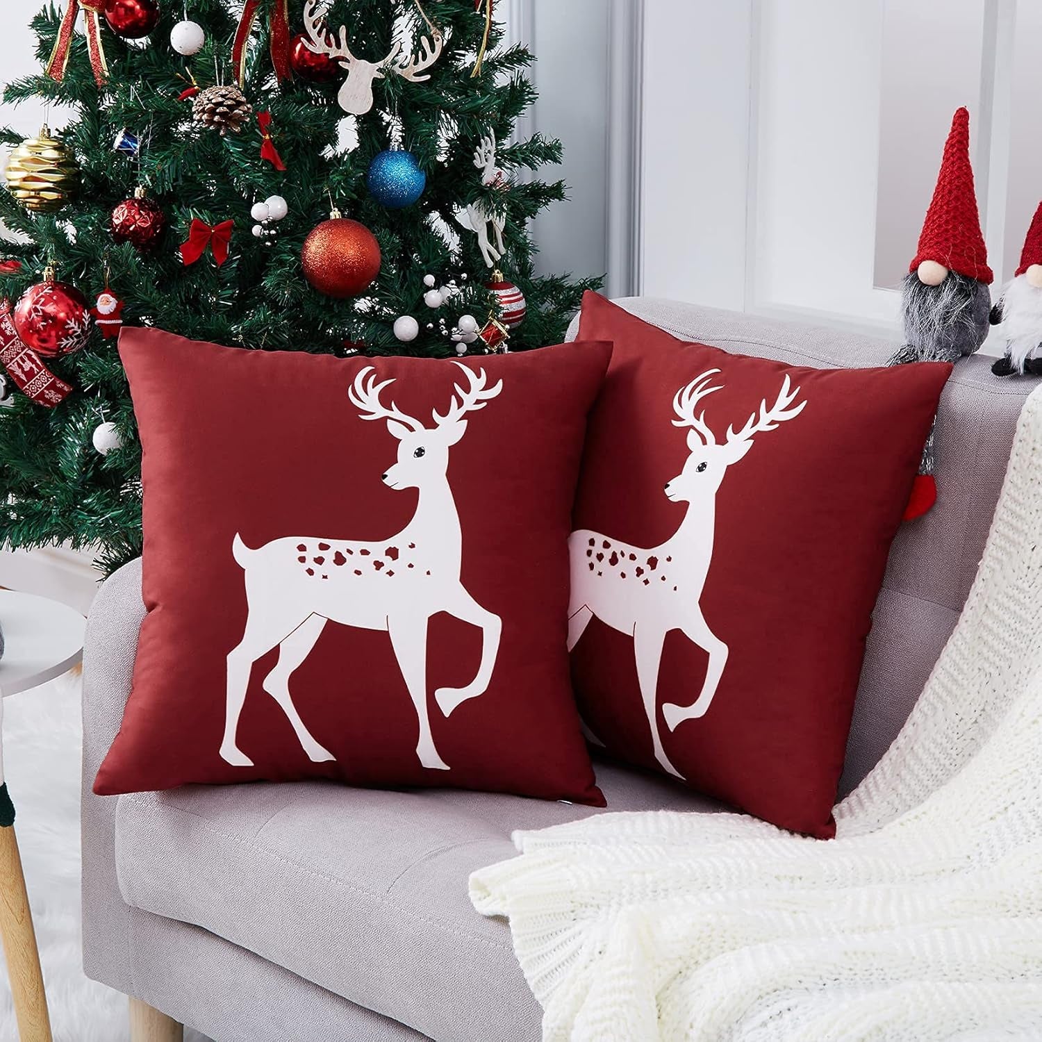 CAROMIO Christmas Decorations Pillow Covers 18 X18 Inch Set of 2 Farmhouse Christmas Decor for Bedroom, Deer Rustic Xmas Pillow Case Winter Holiday Decorations Throw Cushion Case for Home Couch, Pink