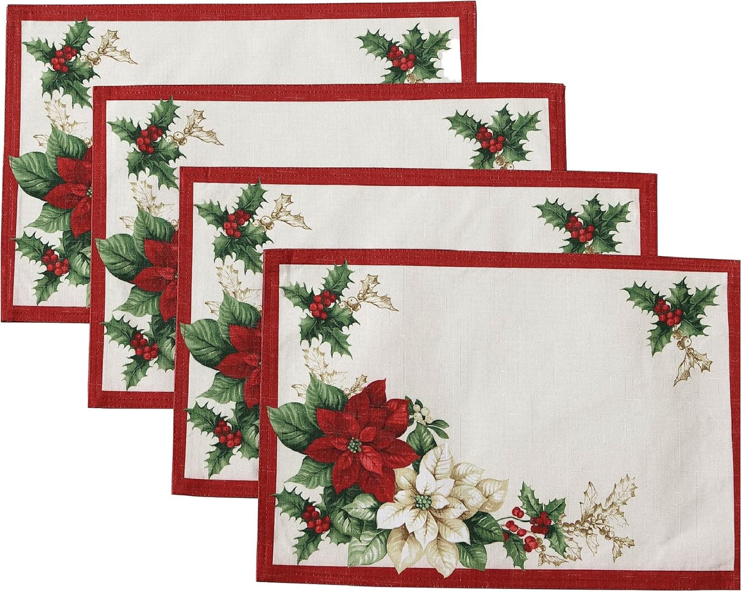 Elrene Home Fashions Red and White Poinsettia Holiday Fabric Placemats, Christmas Mats for Table Decor, 13 Inches X 19 Inches, Set of 4