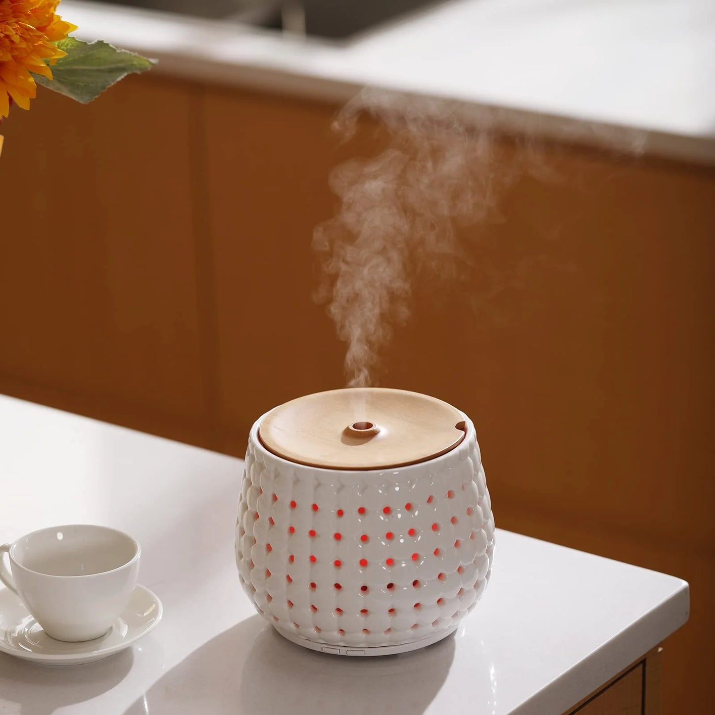 250Ml Ceramic Oil Diffuser for Essential Oils Large Room, Aromatherapy Oil Diffuser Cool Mist Humidifier with 7 Colors Lights 2 Mist Modes White