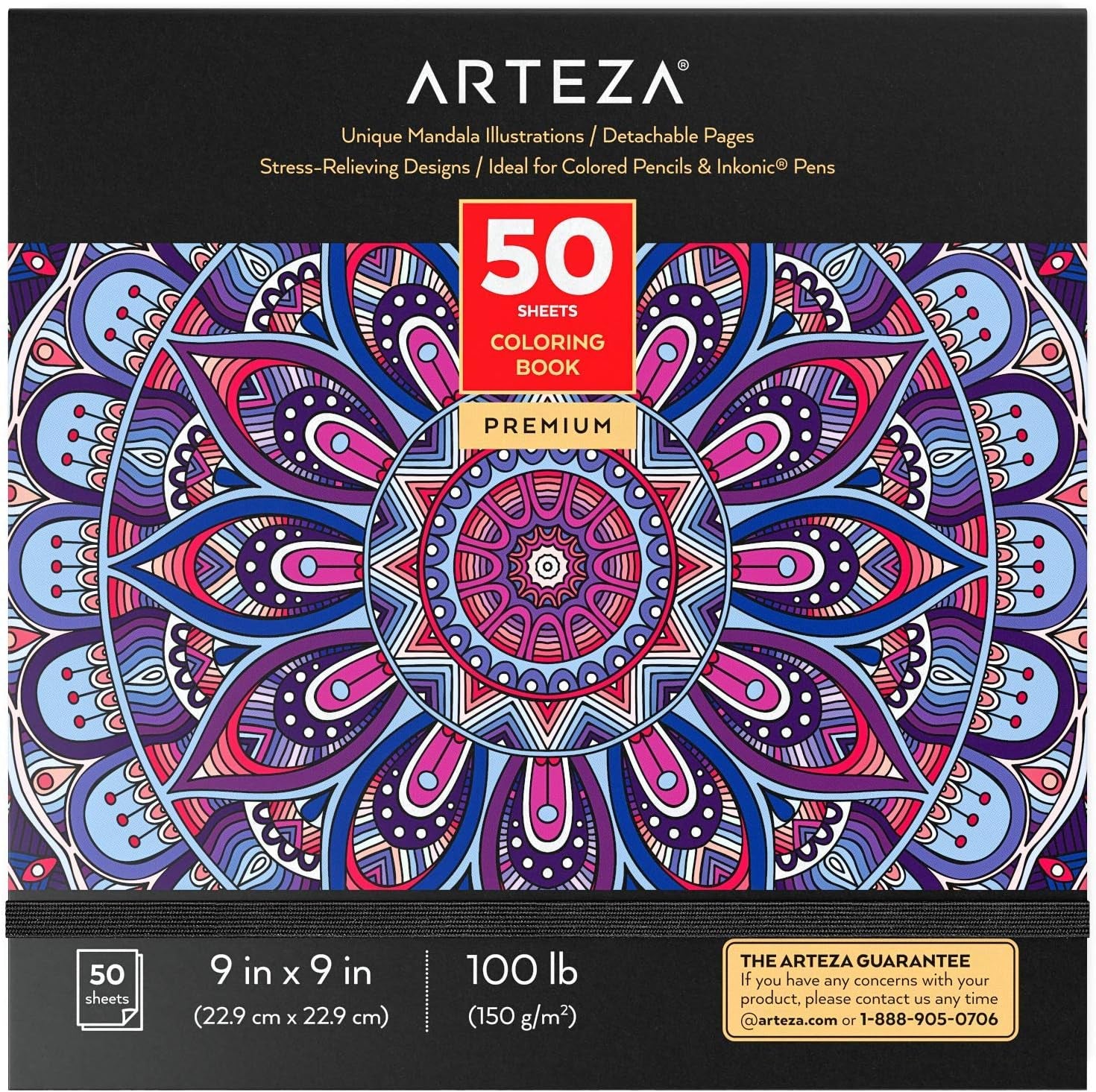 ARTEZA Adult Coloring Books, Floral & Mandala Designs, Pack of 2, 72 Sheets Each, 6.4X6.4 Inches Coloring Pages, 100 Lb Paper