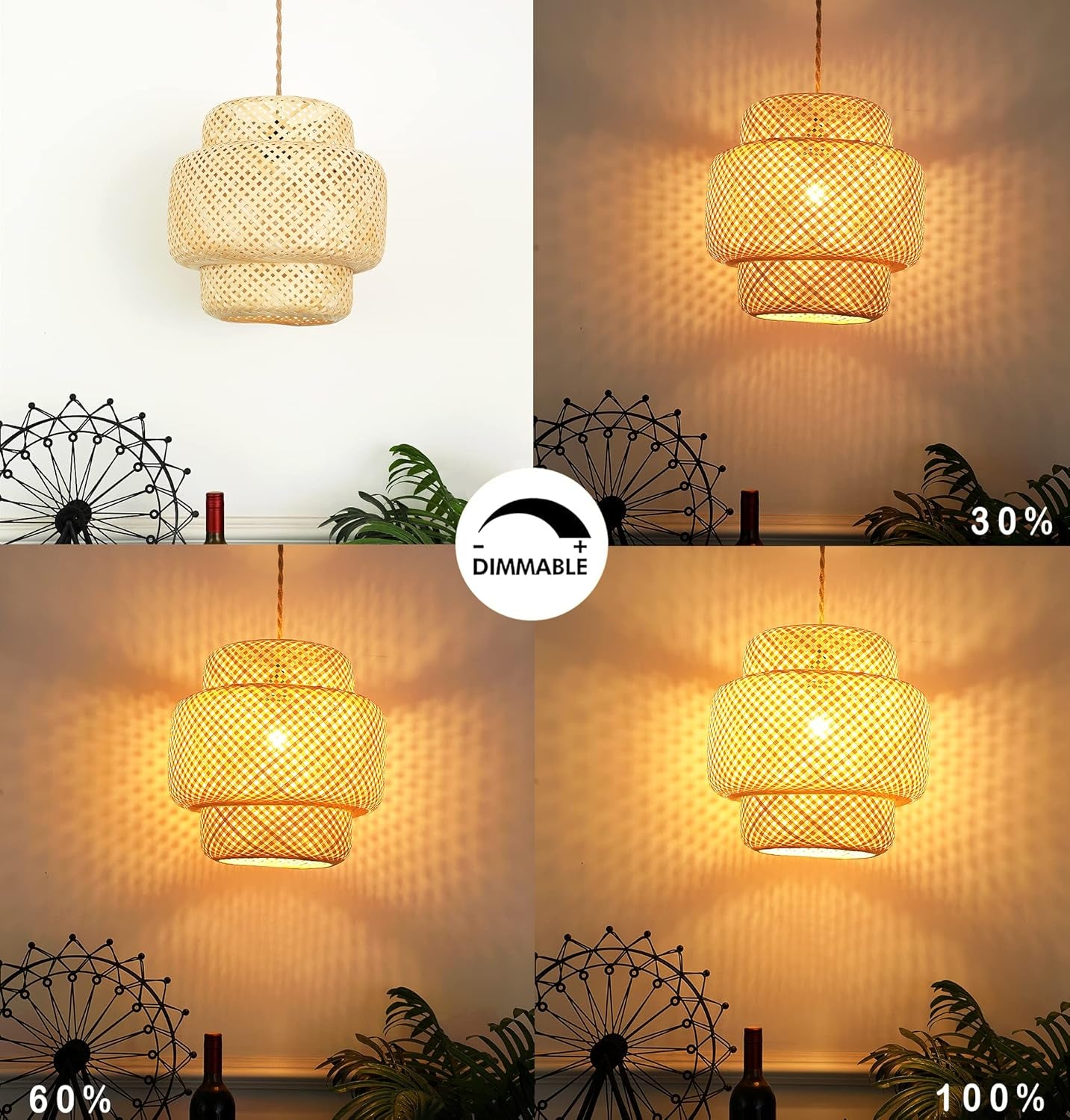 Plug in Pendant Light Hanging Lights with Plug in Cord Boho Hanging Lamp Dimmable,Rattan Wicker Woven Bamboo Lamp Shade, Plug in Ceiling Light Fixture for Living Room Bedroom Kitchen