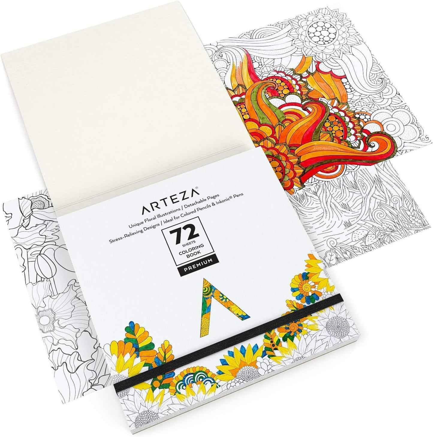 ARTEZA Adult Coloring Books, Floral & Mandala Designs, Pack of 2, 72 Sheets Each, 6.4X6.4 Inches Coloring Pages, 100 Lb Paper