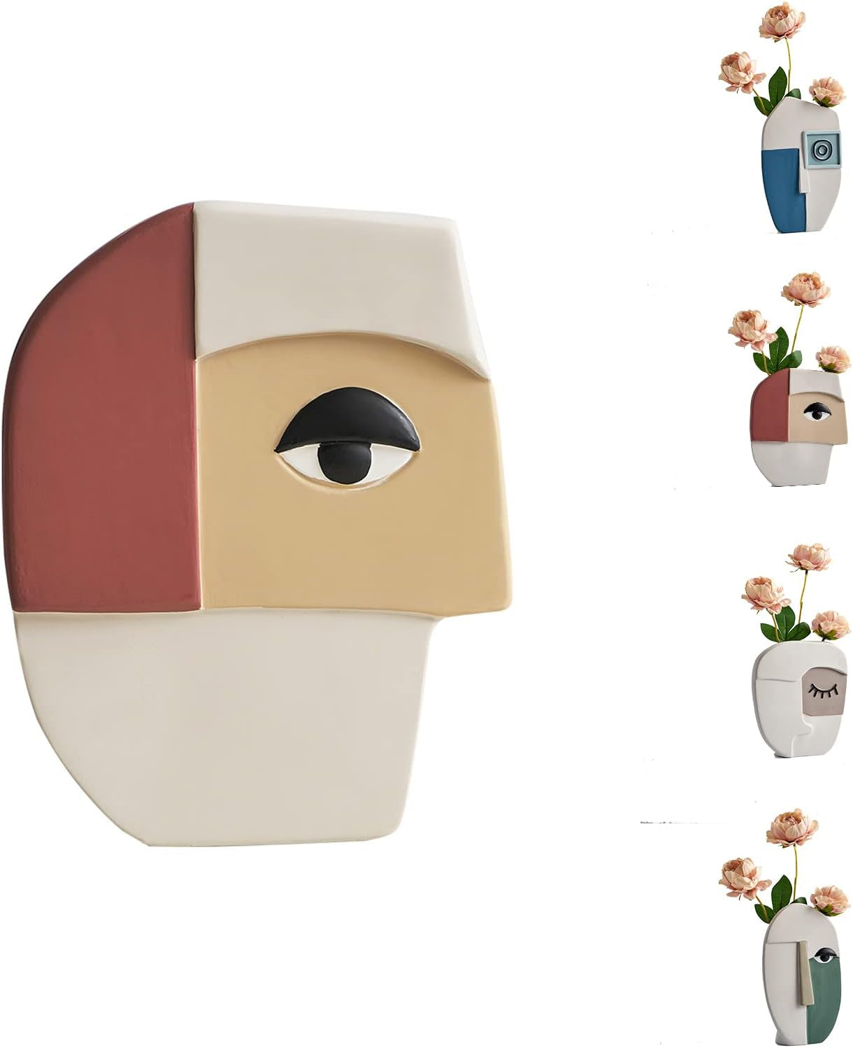 Face Flower Vase Sculpture Home Decor, Modern Abstract Resin Statue Vases, Bud Vase Gifts for Women, Small Statues Decorative for Bedroom Living Room Office Desk Bookshelf , White & Red