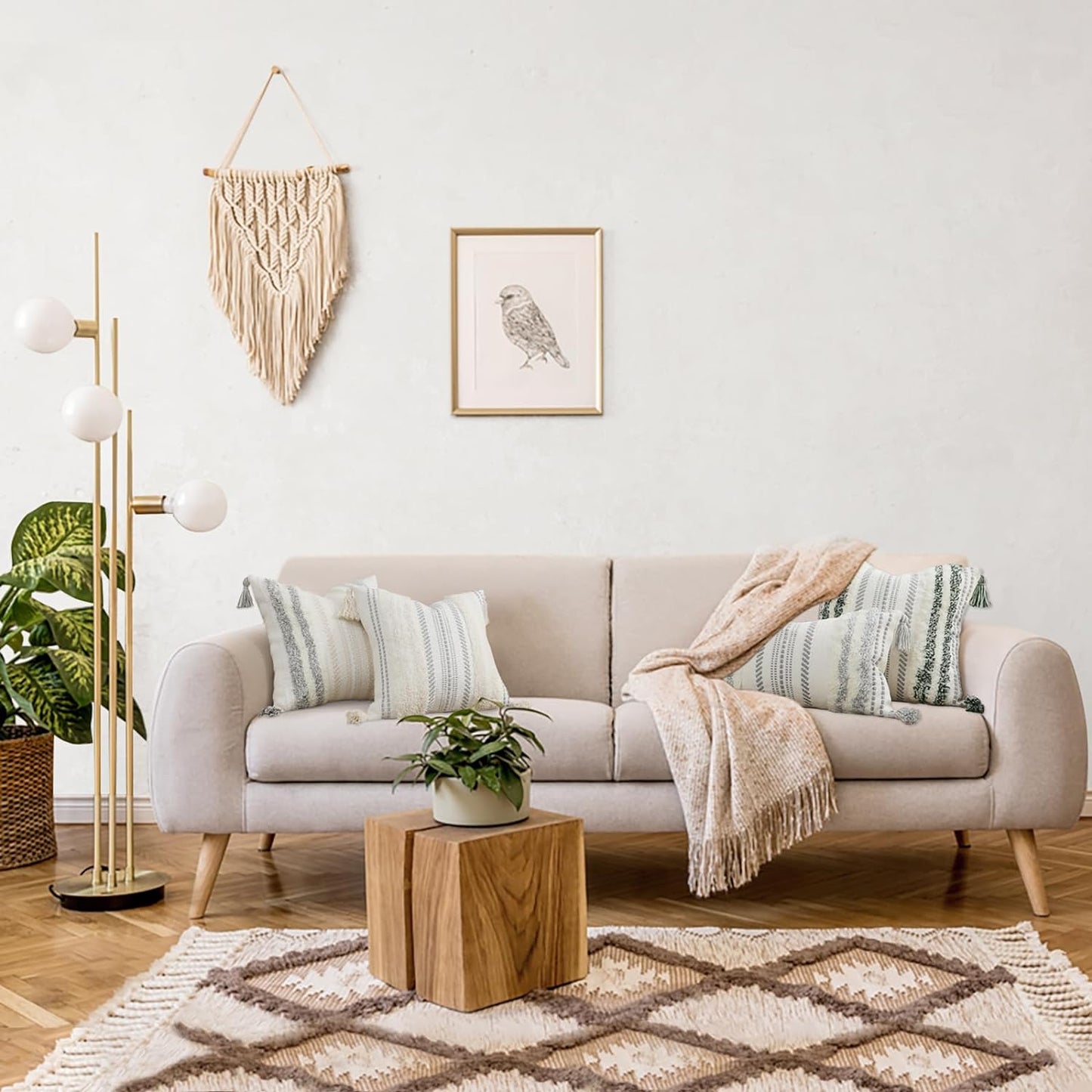 Decoruhome Decorative Boho Throw Pillow Cover 12X20, Lumbar Accent Neutral Textured Tufted Pillow Cover Striped for Couch Bed Sofa, Green and Cream White, Pack of 1