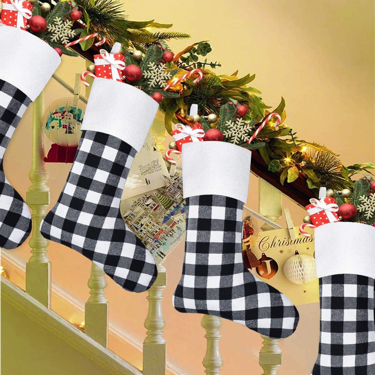 Senneny 6 Pack Christmas Stockings- 18 Inch Black White Buffalo Plaid Christmas Stockings Fireplace Hanging Stockings for Family Xmas Holiday Season Party Decor