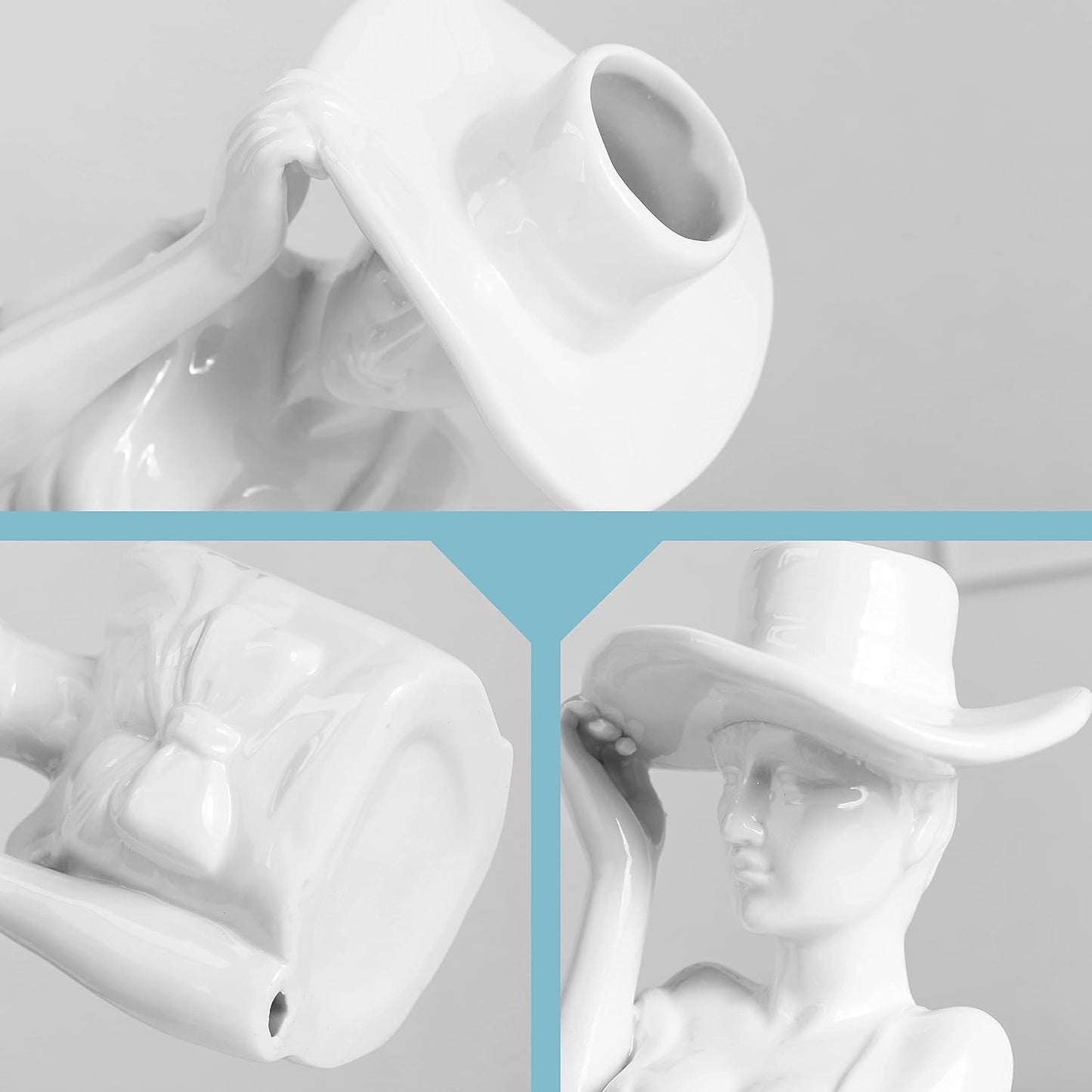 Art Female Form Body Ceramic Vase for Flowers, Creative Elegant Upper Body Woman Face Head Hand Arrangement Sculpture Vase with Cowgirl Top Hat Design for Home Decor, 6 Inch, Glossy White