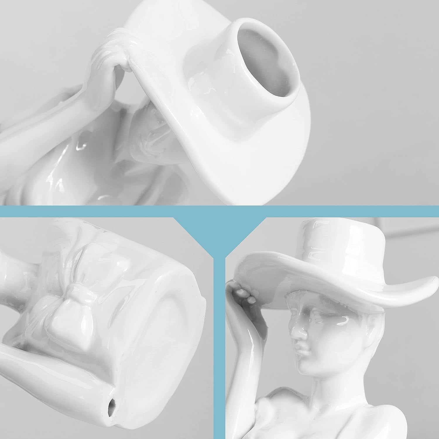 Art Female Form Body Ceramic Vase for Flowers, Creative Elegant Upper Body Woman Face Head Hand Arrangement Sculpture Vase with Cowgirl Top Hat Design for Home Decor, 6 Inch, Glossy White