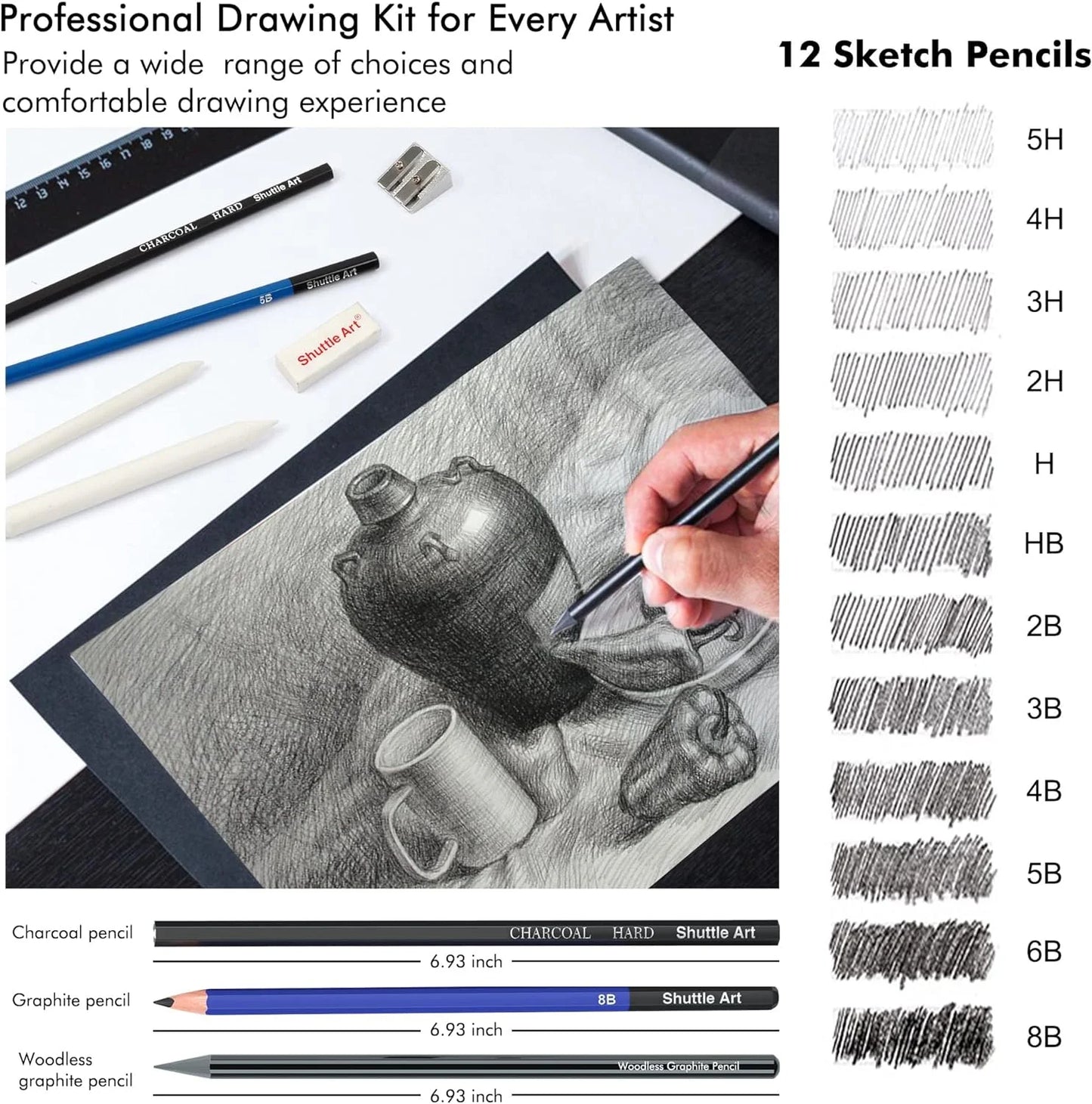 Sketching and Drawing Pencils Set, 37-Piece Professional Sketch Pencils Set in Zipper Carry Case, Drawing Kit Art Supplies with Graphite Charcoal Sticks Tool Sketch Book by