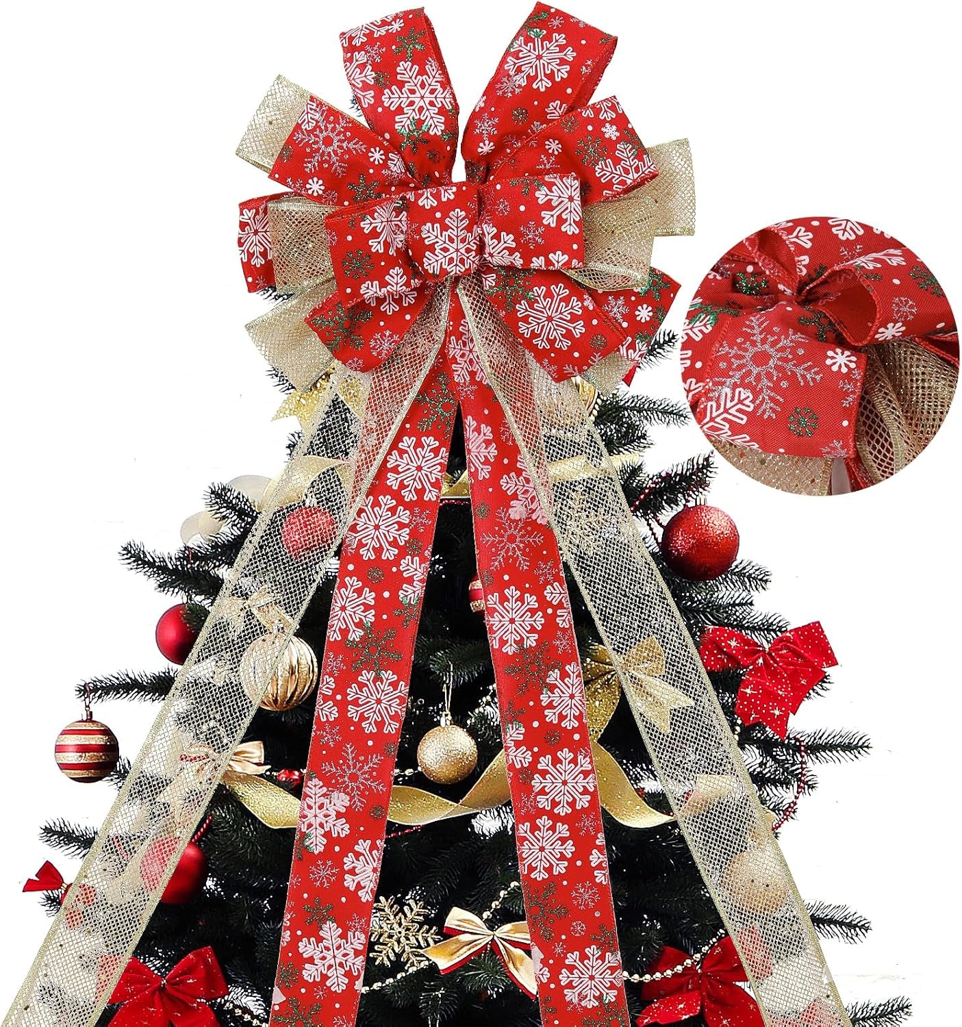 RECUTMS 2 Pieces Red Christmas Bows Tree Topper Burlap Bows with Xmas Bell Pattern Small Two-Tier Christmas Wreath Bow for Xmas Parties Front Door Home Indoor Outdoor Holiday Decorations