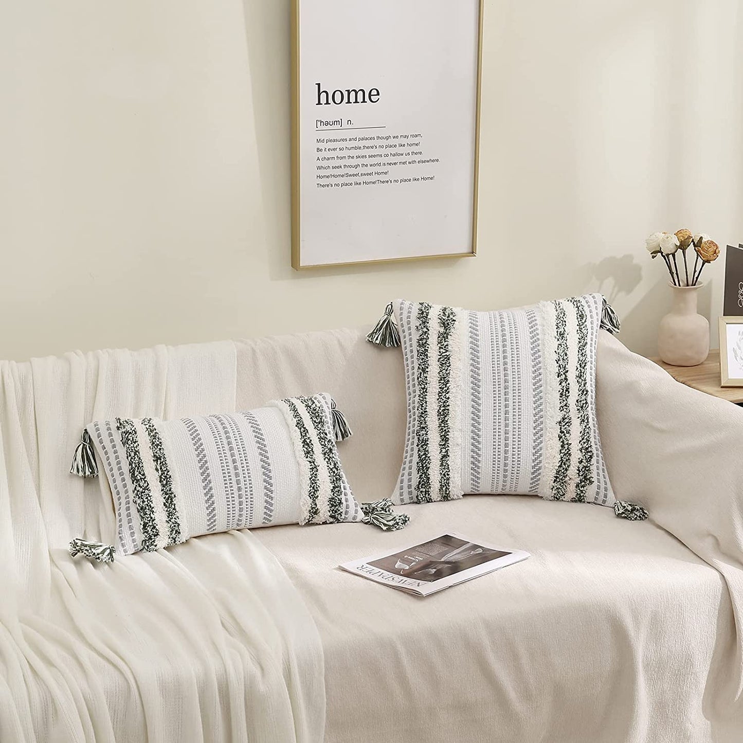 Decoruhome Decorative Boho Throw Pillow Cover 18X18, Accent Neutral Textured Tufted Pillow Cover Striped for Couch Bed Sofa, Khaki and Cream White, Pack of 1