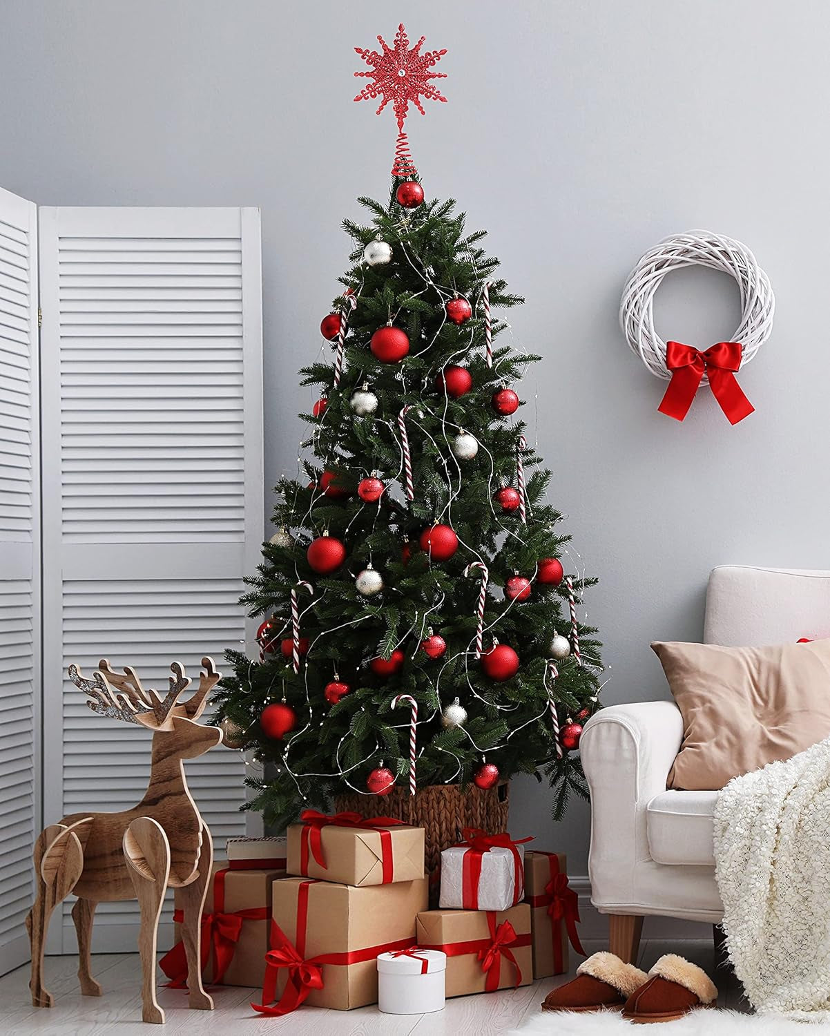 Christmas Traditions 8 Inch Red Glittered Filigree Christmas Star Tree Topper Star/Home Décor Ornaments (Red)