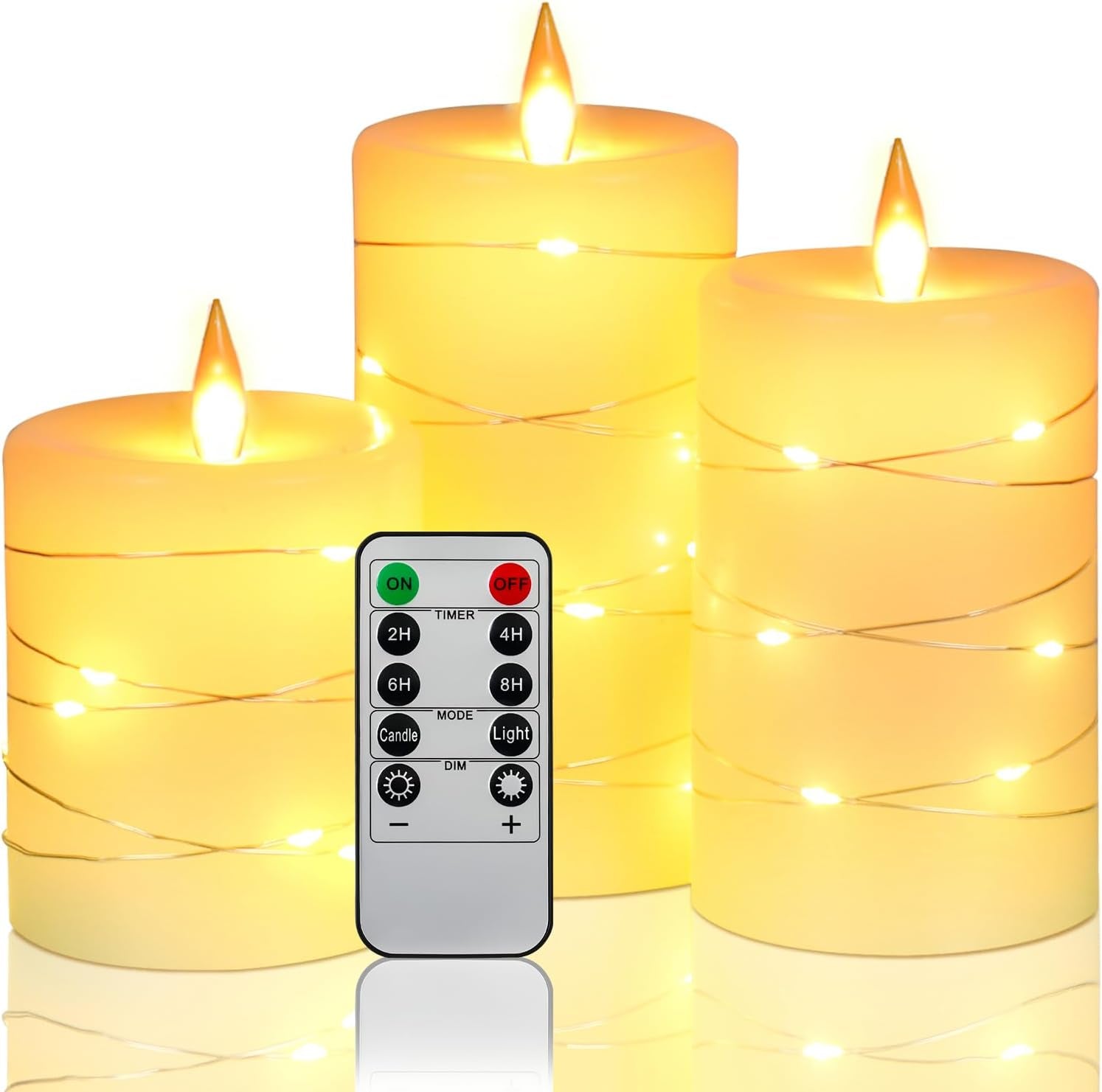 Da by Flameless Candles with String Lights，Battery Operated Candles,Led Flickering Candles with Remote Control and Timer, Real Wax, 3 Pack-Ivory