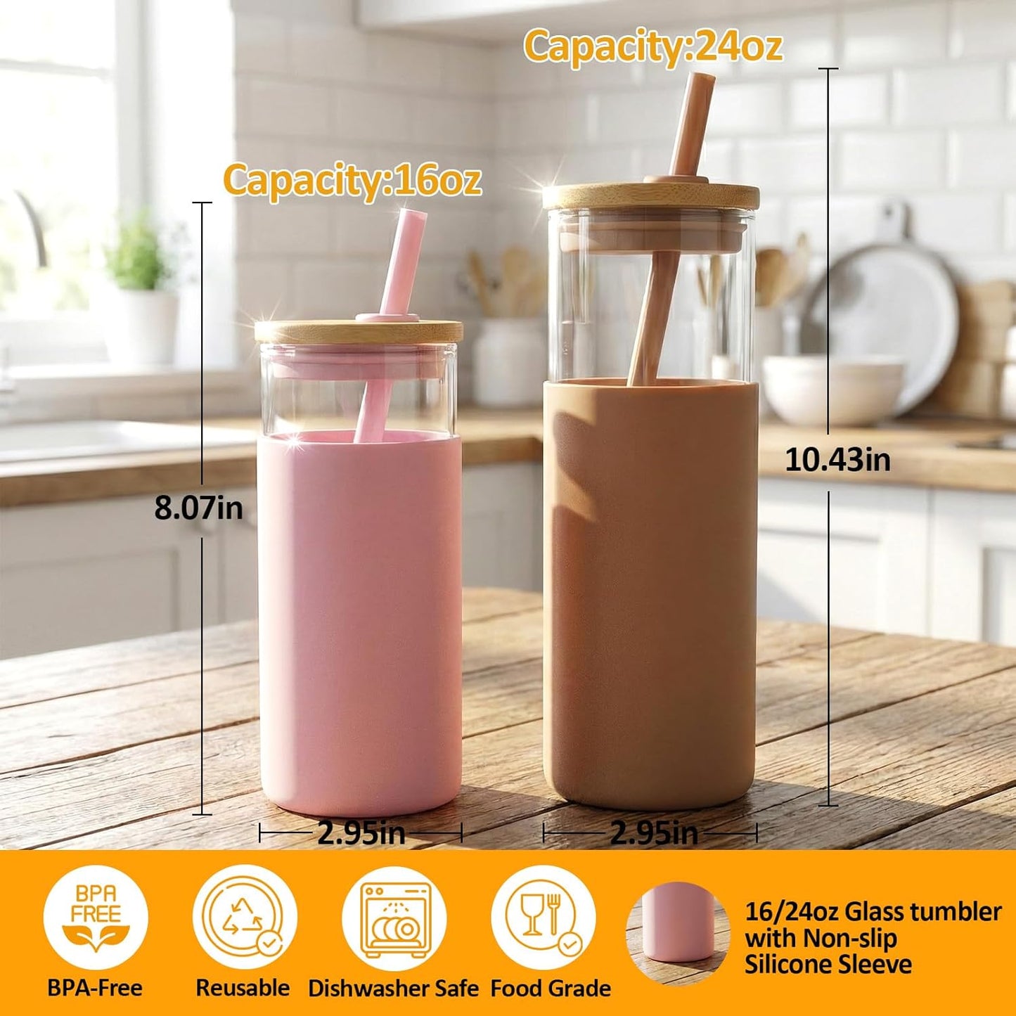 Tronco® 16 Oz Glass Tumbler with Lids and Straw, Reusable Iced Coffee Cup & Smoothie Cup with Bamboo Lid, Silicone Sleeve, Dishwasher Safe, Bpa-Free Borosilicate Glass, 1 Pack