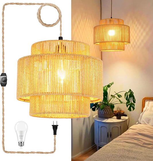 Plug in Pendant Light Hanging Lights with Plug in Cord Boho Hanging Lamp Dimmable,Rattan Wicker Woven Bamboo Lamp Shade, Plug in Ceiling Light Fixture for Living Room Bedroom Kitchen