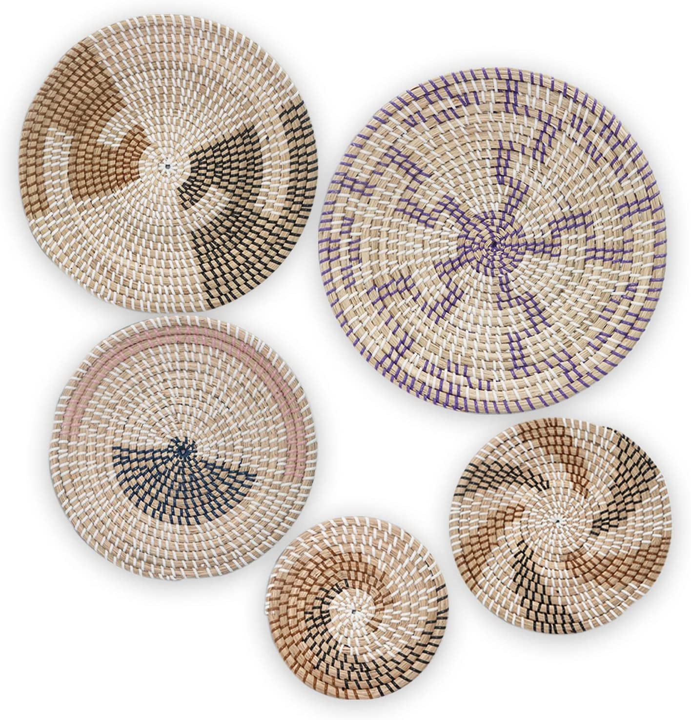 HNHMT Wall Basket Decor, Set of 5 Woven Basket Wall Decor, Handmade Hanging Wall Basket for Living Room or Bedroom, Unique Boho Wall Art.