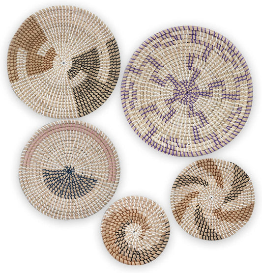 HNHMT Wall Basket Decor, Set of 5 Woven Basket Wall Decor, Handmade Hanging Wall Basket for Living Room or Bedroom, Unique Boho Wall Art.