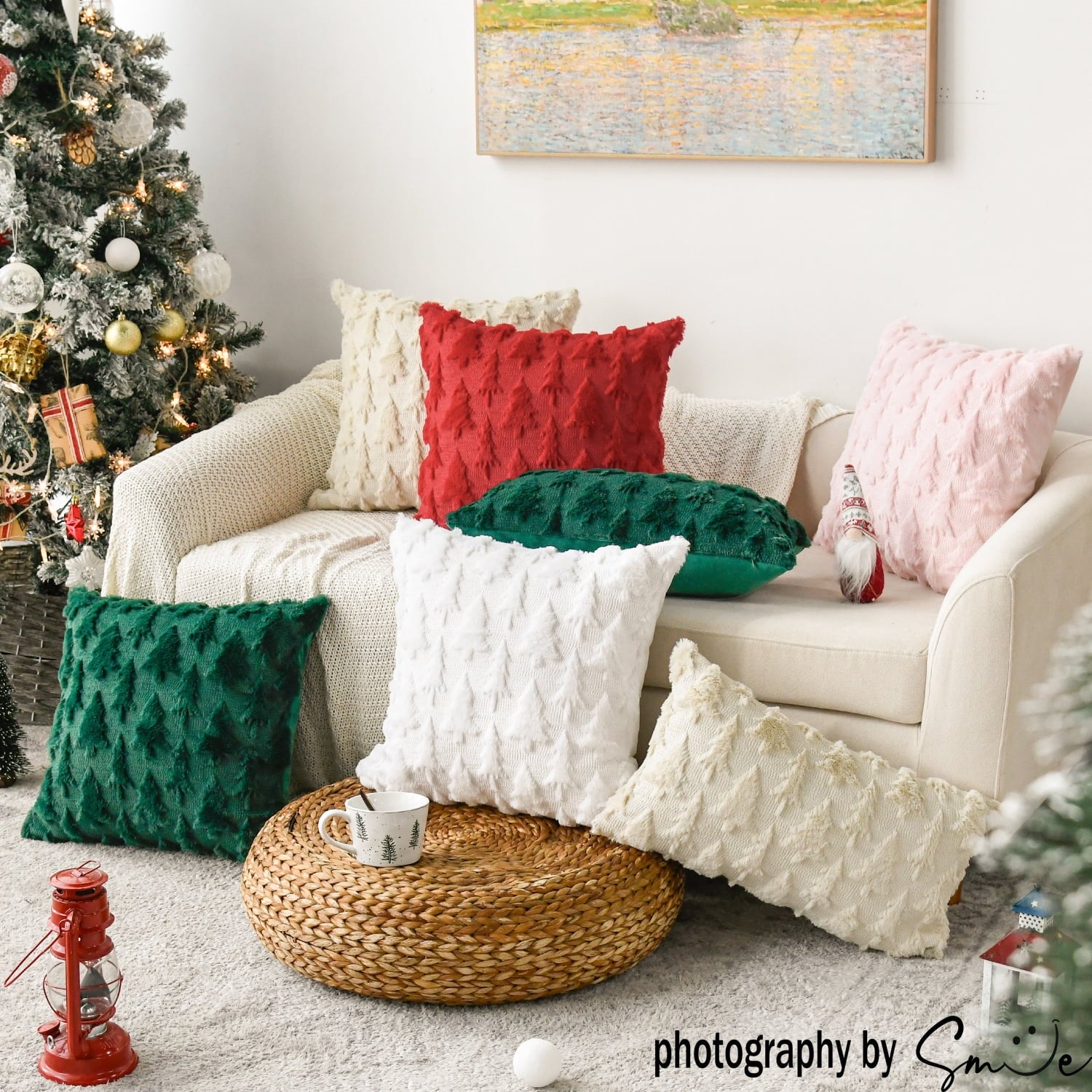 Beige Christmas Tree Soft Plush Faux Fur Pillow Covers 18X18 Inch Set of 2 Outdoor Sofa Holiday Festivals Winter Home Decor