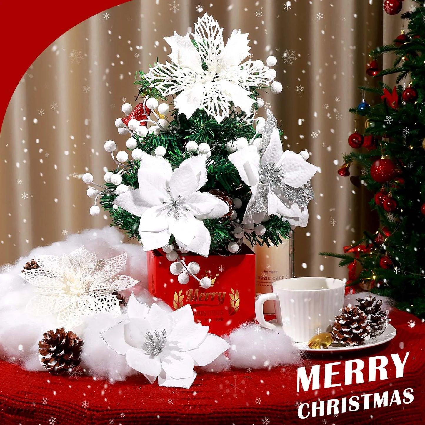 56Pcs Poinsettia Christmas Flowers Decorations Christmas Flower Ornaments White Christmas Flowers Christmas Pine Cones Christmas Tree Ornaments Christmas Tree Decorations