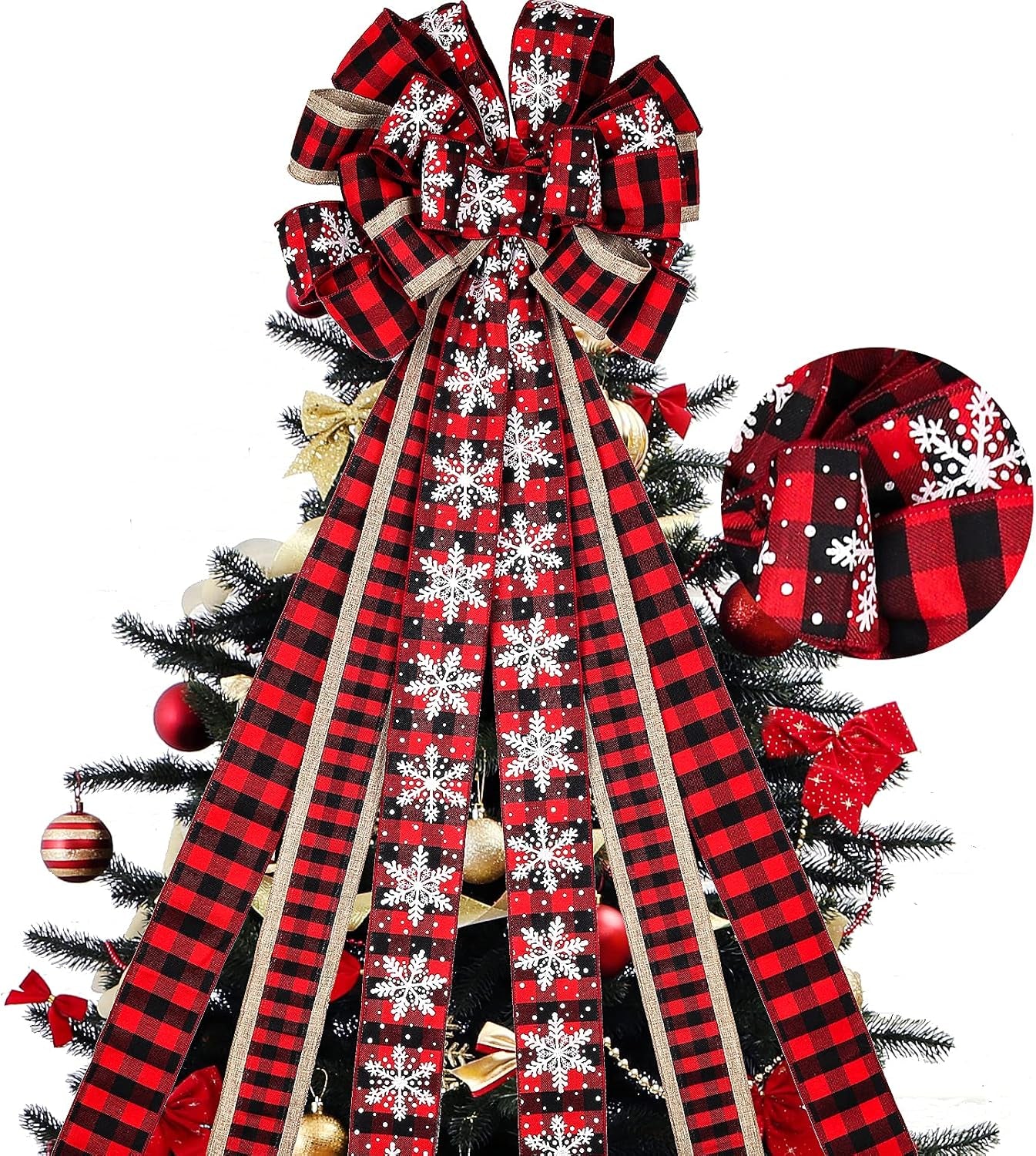 RECUTMS 2 Pieces Red Christmas Bows Tree Topper Burlap Bows with Xmas Bell Pattern Small Two-Tier Christmas Wreath Bow for Xmas Parties Front Door Home Indoor Outdoor Holiday Decorations