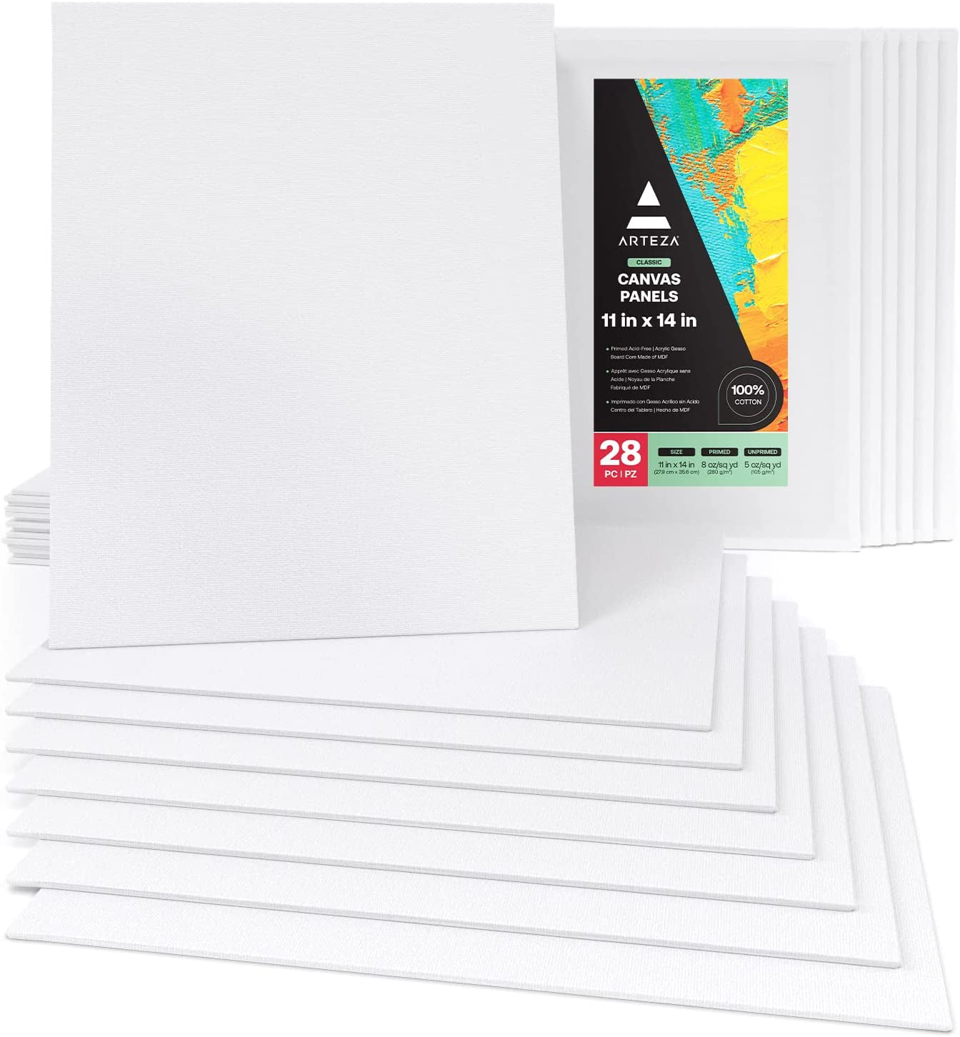 ARTEZA Premium Canvas Boards for Painting, 11 X 14 Inches, Pack of 14, Blank White Canvas Panels for Acrylic, Oil and Gouache Painting